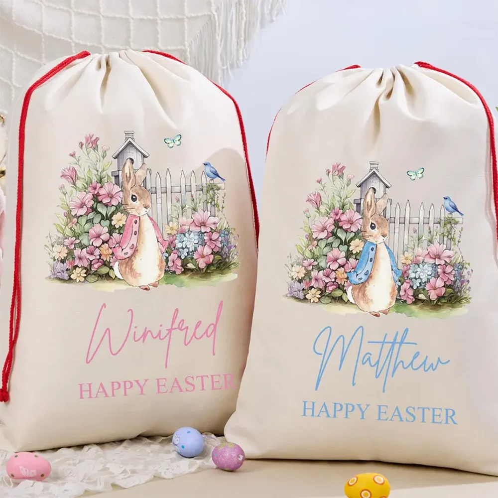 Personalized Easter Bunny Basket - Custom Name Easter Bag for Kids | Reusable Easter Egg Hunt Tote
