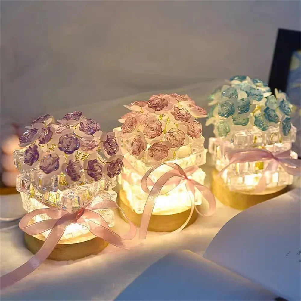 DIY Handmade Valentine's Day Birthday Gift Simulation Rose Flower Bedroom Sleeping Ice Cube Table Light Handmade Craft Decor